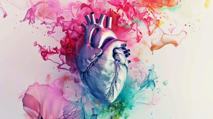 Poster - A surrealistic depiction of a heart with anatomical details surrounded by colorful, abstract elements, macro shot