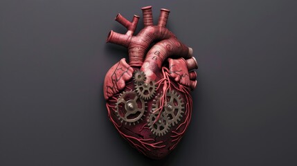 Leinwandbilder - A surrealistic human heart with clock gears against a dark grey background, macro shot, Minimalist style