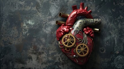 Leinwandbilder - A surrealistic human heart with clock gears against a dark grey background, macro shot, Minimalist style