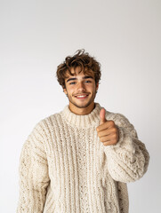 A man wearing a white Christmas outfit, standing against a white isolated background