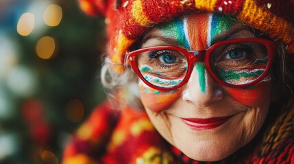 Senior woman with vibrant Christmas themed face paint, bringing holiday cheer and joy. This creative Christmas themed face paint design adds a festive touch, ideal for seasonal celebrations.