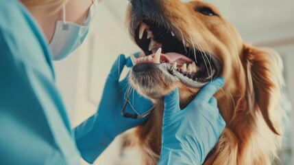 Poster - A veterinarian performing a dental cleaning on a pet dog in a veterinary clinic against a bright, cheerful background, macro shot