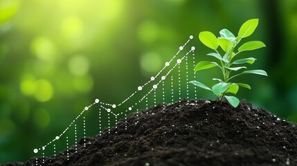 Growing plant in fertile soil showing a positive growth chart, symbolizing business prosperity