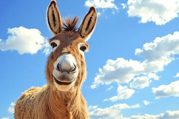 Brown donkey standing in front of a bright blue sky with fluffy white clouds, making a funny face, adding humor to the sunny countryside day