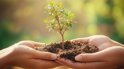 Two hands holding and protecting small plant growing in soil