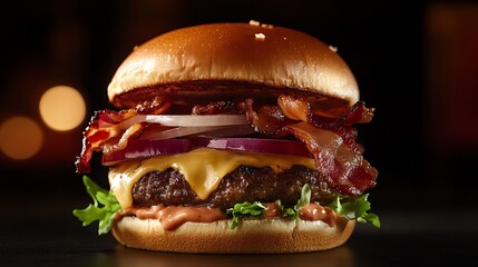 A cheeseburger with bacon and red onion sits on an orange background.