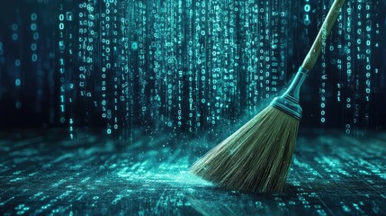 Digital cleaning concept: a broom sweeping away fading binary code, representing organized data and clean systems.