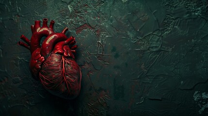 Leinwandbilder - A vibrant image of a human heart with visible arteries and veins, placed against a dark, textured background