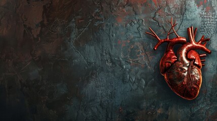 Leinwandbilder - A vibrant image of a human heart with visible arteries and veins, placed against a dark, textured background
