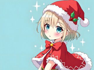 Illustration of cute blonde Anime girl in Santa outfit with snowflakes isolated on blue background