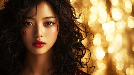 Portrait of a beautiful Asian woman with curly brunette hair on a golden background, highlighting the elegance and charm of the Asian woman in a captivating style with ample copy space.