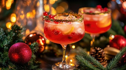 Holiday drinks in cocktail glasses, surrounded by pine branches and ornaments, with blurred festive lights.