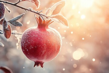 Wall Mural - Frosted Pomegranate in the Early Morning Light A Stunning Display of Nature's Beauty and Resilience