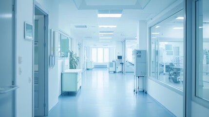 Poster - A wide shot of a comprehensive health check-up center with various examination rooms and diagnostic equipment, set against a bright, modern medical environment