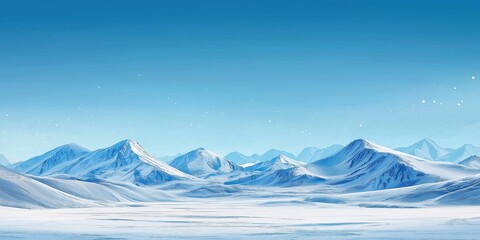 A very cold and snowy landscape with mountains in the background. The sky is a deep blue color