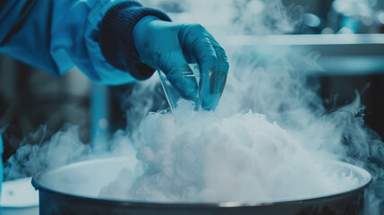 Close-up hand working with liquid nitrogen from cryogenic tank at sciences laboratory. High tech medical lab equipment used in vitro fertilization process. IVF treatment. Artificial insemination.