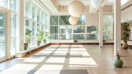 Poster - A wide shot of a contemporary wellness center with various health services being offered, including yoga and physiotherapy rooms, set against a bright