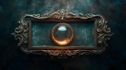 Antique Vintage Magical Scrying Sign with Ornate Carved Wooden Frame and Glowing Crystal Ball