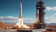© 4K_Heaven - A futuristic rocket preparing for liftoff, surrounded by advanced technology and equipment on the launch pad, symbolizing the future of space travel, Generative AI