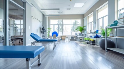 Aufkleber - A wide shot of a modern health and wellness center with various activity areas and treatment stations, set against a bright, organized background