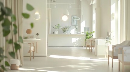 Poster - A wide shot of a modern health and wellness clinic with various health stations and patients interacting with healthcare professionals, set against a bright, contemporary environment