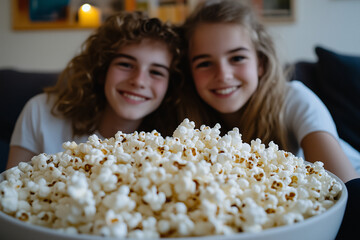 Young caucasian couple at indoors holding popcorns