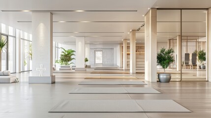 Poster - a wide shot of a modern wellness center with various fitness and relaxation areas, including yoga ma