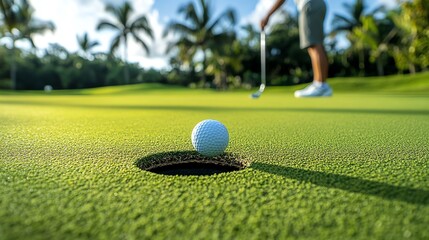 Wall Mural - A golf ball sits on a green putting green, with a blurred golfer in the background.