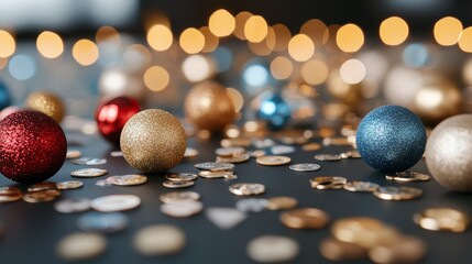 Christmas Ornaments and Coins on Black Background with Bokeh Lights