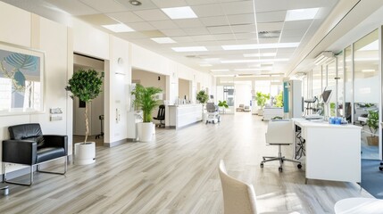 Aufkleber - A wide view of a modern health and wellness center with various stations for different health services, set against a bright, organized interior