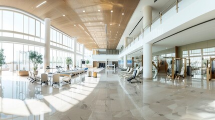 Aufkleber - A wide-angle view of a comprehensive wellness center with various health and fitness areas, set against a modern, clean interior