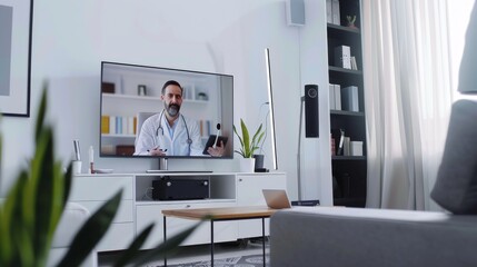 Poster - A wide-angle view of a modern telehealth consultation setup with a large screen displaying a virtual doctor, set in a sleek home office environment, wide shot