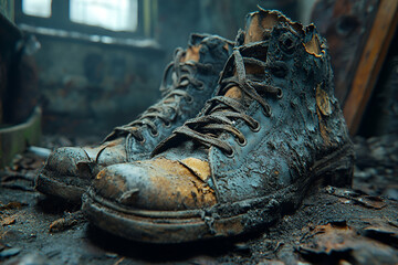 Worn-out, burnt shoes lay in a dilapidated, dusty environment, showcasing the passage of time and neglect.