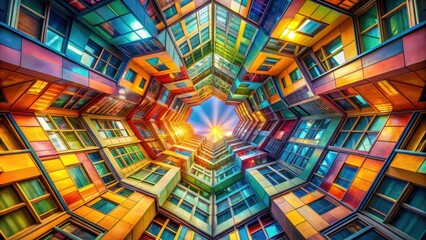Poster - A kaleidoscope of colors and angles as sunlight streams through the windows of a vibrant, modern building.