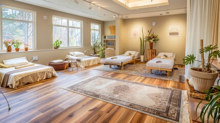Poster - A wide-angle view of a wellness clinic with various holistic treatment options, set in a calming, nature-inspired environment