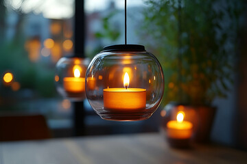 A warm, elegant candle in a glass holder, suspended and glowing softly, enhances the cozy atmosphere of a beautifully lit room.