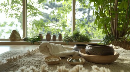 Aufkleber - A wide-angle view of a wellness clinic with various holistic treatment options, set in a calming, nature-inspired environment