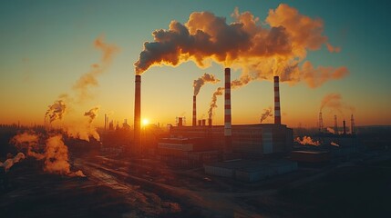 Industrial smokestacks emit plumes at sunset, symbolizing the environmental impact of fuel processing and energy production.