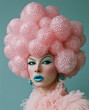 © sunaiart - A portrait of a drag queen with large, pink bubble-like hair made of plastic balls on top of her head and blue lipstick.