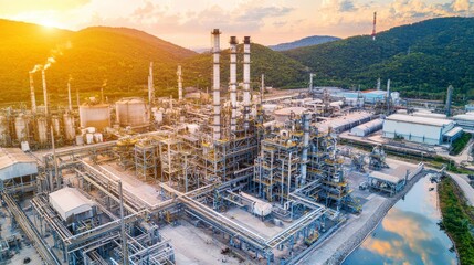 An oil refinery plant illuminated against twilight, showcasing its intricate structures and reflecting the progress in fuel processing technology.