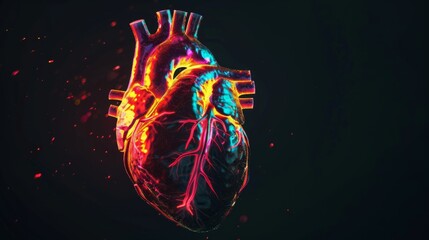 Poster - An abstract depiction of a human heart with veins and arteries highlighted in vibrant colors against a black background, macro shot, Minimalist style