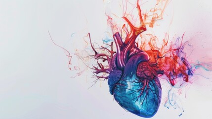 Poster - An abstract depiction of a human heart with veins and arteries highlighted in vibrant colors against a white background, macro shot, Minimalist style