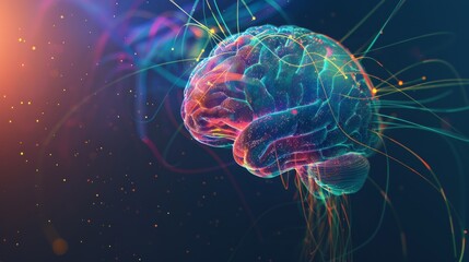 Poster - An abstract depiction of the human brain with colorful, flowing neural connections and highlighted regions, set against a dark