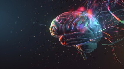 Wall Mural - An abstract depiction of the human brain with colorful, flowing neural connections and highlighted regions, set against a dark