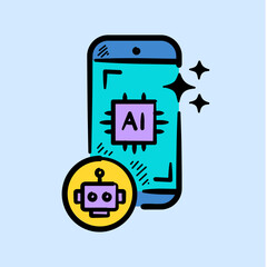 AI assistant smartphone technology illustration. Hand drawn doodle vector style of Artificial intelligence processing icon concept design.