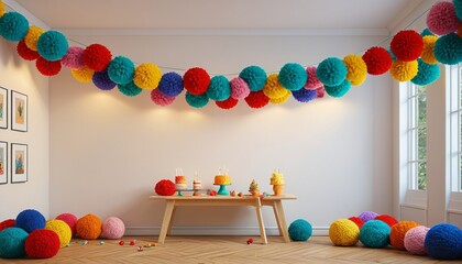 A playful yarn pom-pom garland strung across a room, adding a festive and whimsical touch to any celebration or gathering, Generative AI