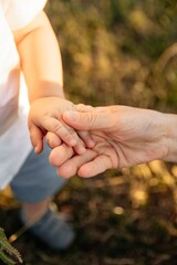 Close-up photo of mother and son holding hands. Little hands of the child and the mother. parental support of young children