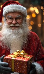 Poster - A man in a red Santa suit holding a red box