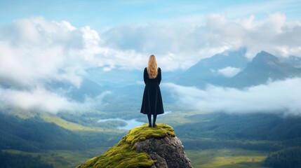 Wall Mural - Woman standing on a mountain peak overlooking a vast landscape