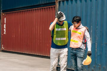 Industrial accident concept. Male worker accidents from working carrying heavy objects in Industrial container factory.